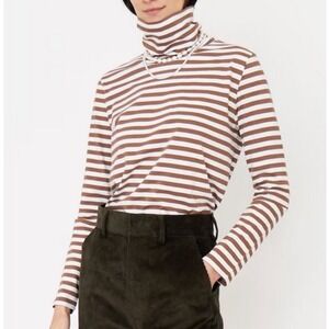 Kule Brown White Striped Long Sleeve Turtleneck Cotton T Shirt Top - XSmall